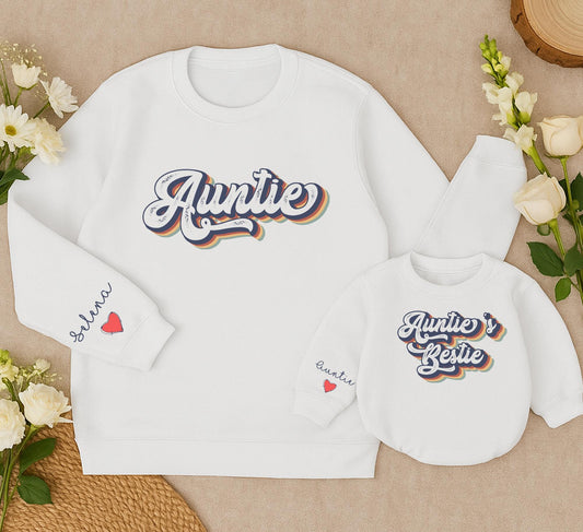Personalized Auntie and Auntie's Bestie Matching Sweatshirt Family Romper Newborn Baby Toddler Gift Retro Navy Red Yellow Design with Name Heart