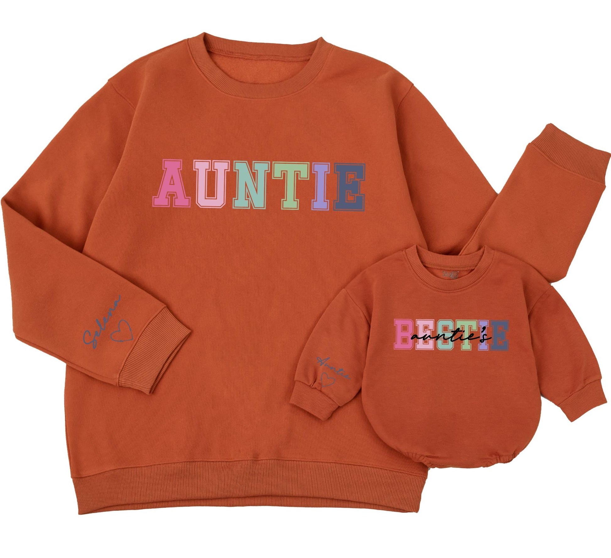 Personalized Matching Auntie & Bestie Sweatshirt Romper Set Pastel Block Letter Outlines Cursive Names Modern Baby Toddler Gift