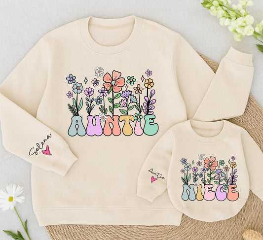 Personalized Matching Auntie and Niece Retro Floral Sweatshirt Romper Set with Vintage Colorful Flowers Bubble Text Playful Family Gift