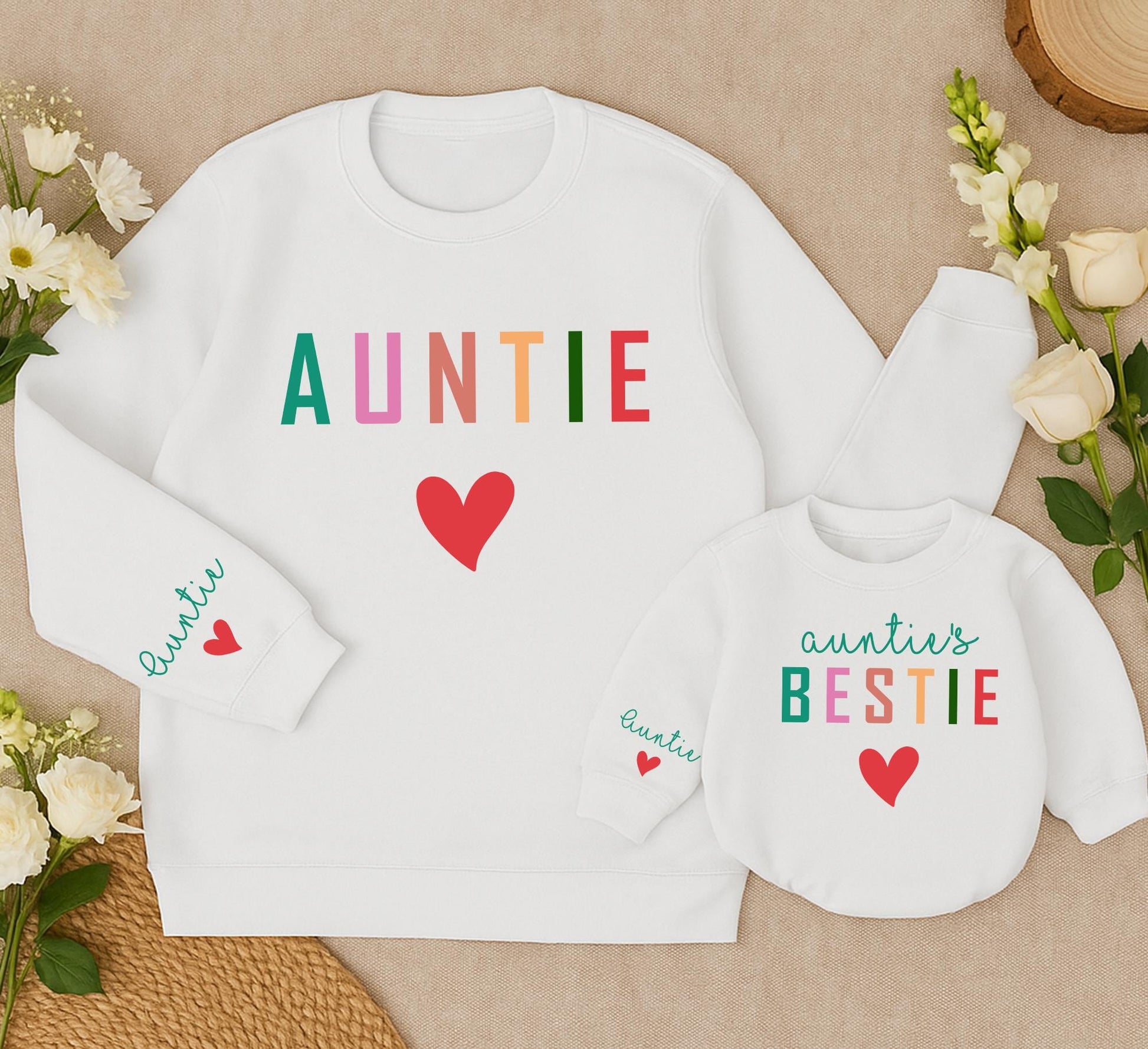 Sweet Auntie Bestie Matching Family Sweatshirt with Custom Name on Sleeve Red Heart Colorful Block Letters Cheerful Playful Gift
