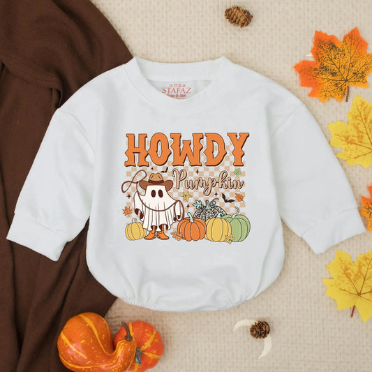 Howdy Pumpkin Cowboy Ghost Romper, Thanksgiving Outfit, Western Fall Baby Clothes, Cute Autumn Toddler Romper, Country Shower Gift (138 chars)