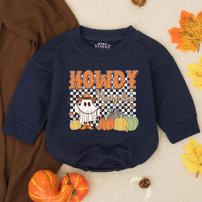 Howdy Pumpkin Cowboy Ghost Romper, Thanksgiving Outfit, Western Fall Baby Clothes, Cute Autumn Toddler Romper, Country Shower Gift (138 chars)