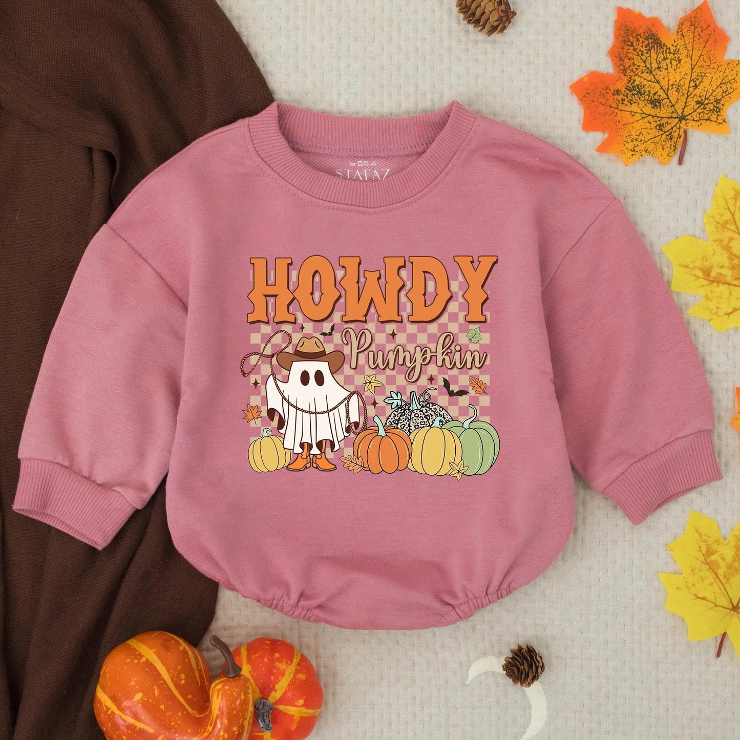 Howdy Pumpkin Cowboy Ghost Romper, Thanksgiving Outfit, Western Fall Baby Clothes, Cute Autumn Toddler Romper, Country Shower Gift (138 chars)