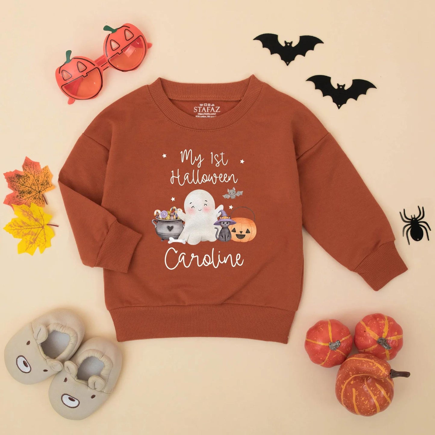 Personalized My 1st Halloween Bubble Romper, Cute Baby Girl Bodysuit, Caroline Name Ghost Pumpkin Outfit, Fall Baby Gift