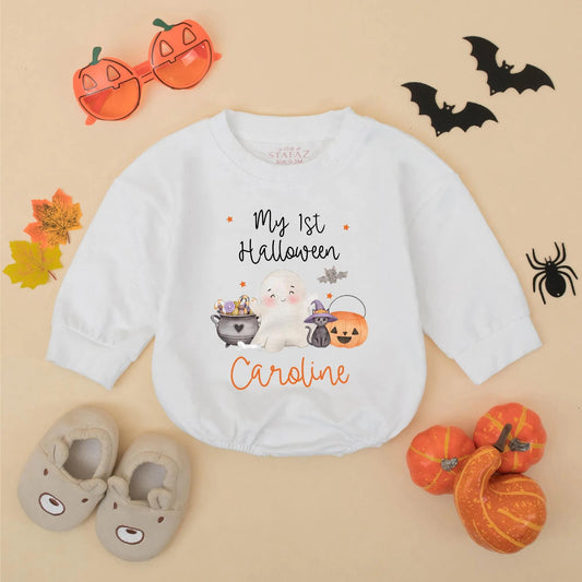 Personalized My 1st Halloween Bubble Romper, Cute Baby Girl Bodysuit, Caroline Name Ghost Pumpkin Outfit, Fall Baby Gift