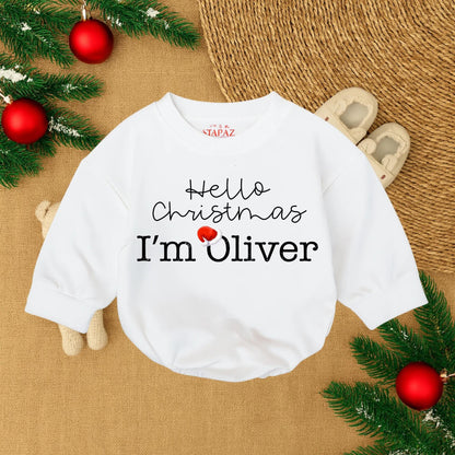 Baby Girl's 1st Christmas Romper 'Hello Christmas I'm Oliver' Santa Hat Design Newborn Outfit Gift Idea, Cozy & Comfortable