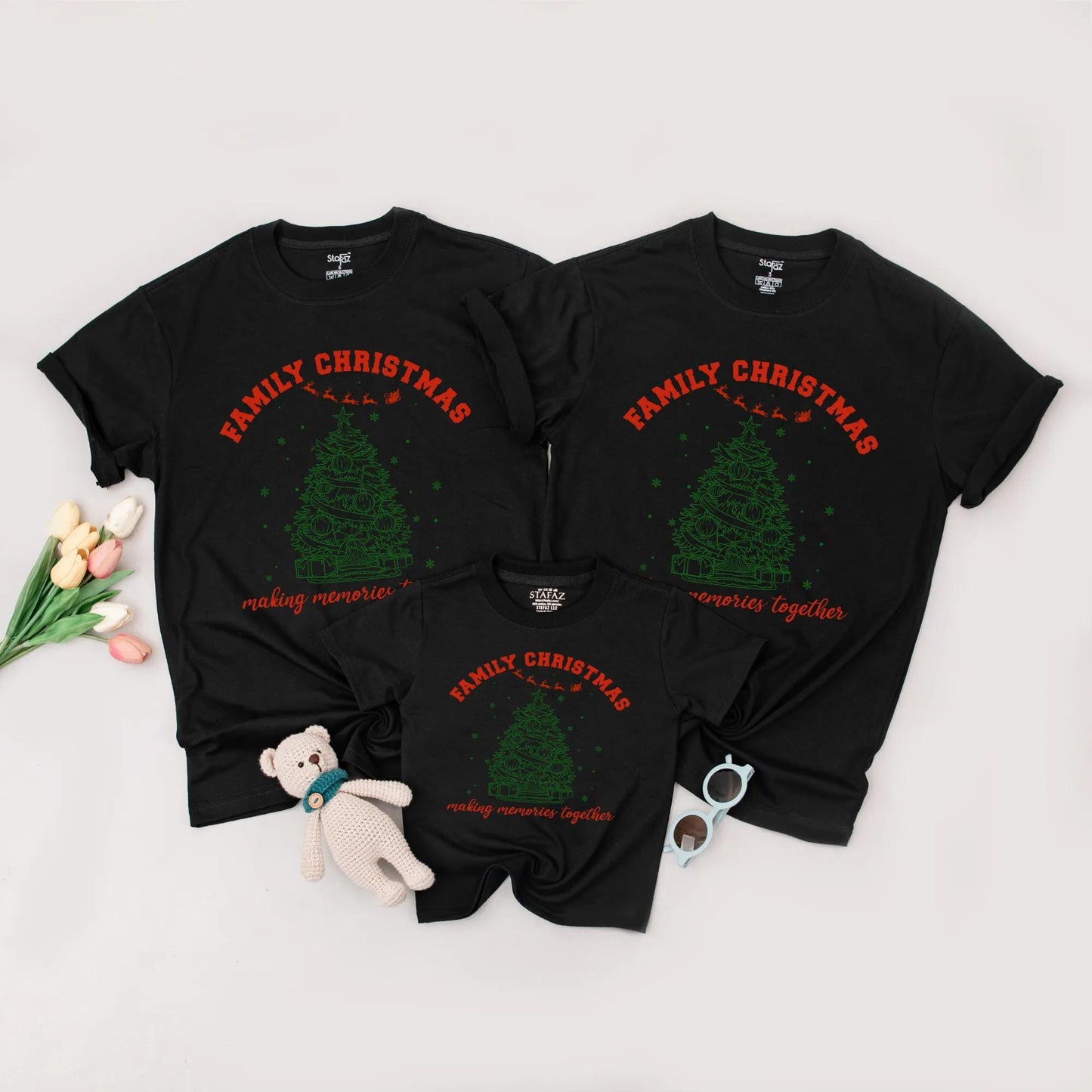 Family Christmas Matching Shirts with Festive Green Tree and Sleigh Design making memories together Cheerful Holiday Tee Comfortable Soft Cotton Outfit