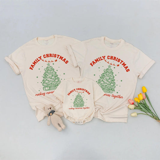 Family Christmas Matching Shirts with Festive Green Tree and Sleigh Design making memories together Cheerful Holiday Tee Comfortable Soft Cotton Outfit