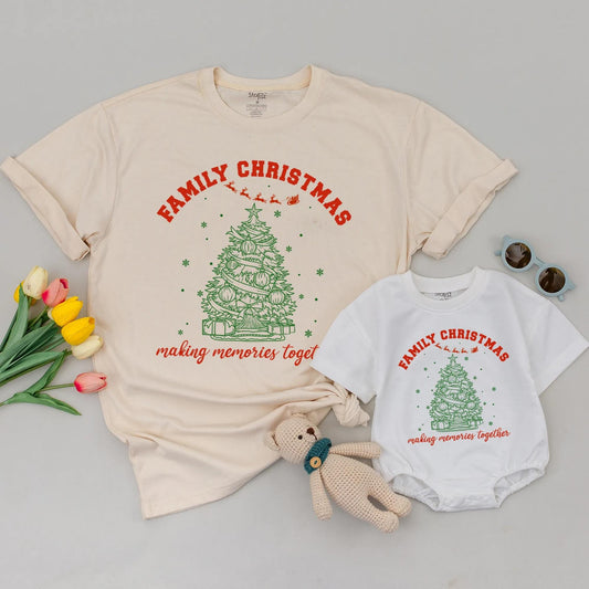 Family Christmas Matching Shirts with Festive Green Tree and Sleigh Design making memories together Cheerful Holiday Tee Comfortable Soft Cotton Outfit