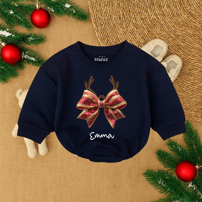 Personalized Christmas Bow Romper: Reindeer Antlers & Gold Glitter, Custom Name Baby Girl Holiday Outfit, First Christmas Gift, Cute Festive Clothes 