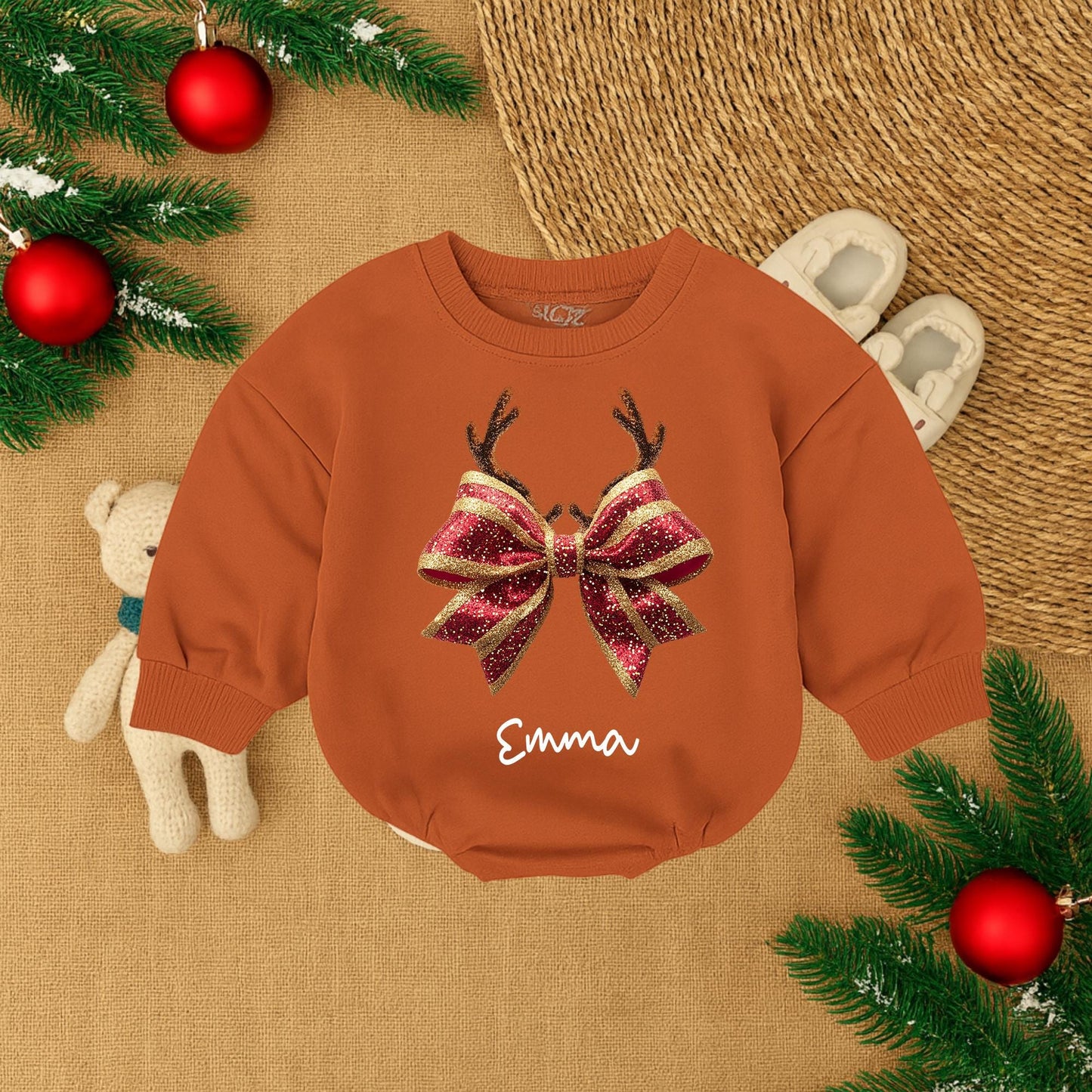 Personalized Christmas Bow Romper: Reindeer Antlers & Gold Glitter, Custom Name Baby Girl Holiday Outfit, First Christmas Gift, Cute Festive Clothes 