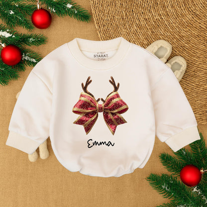 Personalized Christmas Bow Romper: Reindeer Antlers & Gold Glitter, Custom Name Baby Girl Holiday Outfit, First Christmas Gift, Cute Festive Clothes 