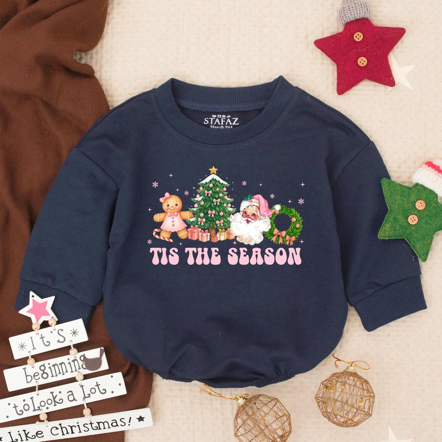 Tis the Season Christmas Baby Romper Outfit, Retro Holiday Bodysuit, Gingerbread Santa First Christmas Newborn Pullover, Pink Winter Gift 135 Chars