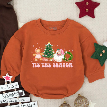 Tis the Season Christmas Baby Romper Outfit, Retro Holiday Bodysuit, Gingerbread Santa First Christmas Newborn Pullover, Pink Winter Gift 135 Chars