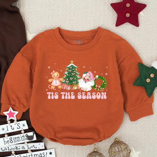 Tis the Season Christmas Baby Romper Outfit, Retro Holiday Bodysuit, Gingerbread Santa First Christmas Newborn Pullover, Pink Winter Gift 135 Chars
