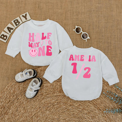 Personalized Pink Half Way to One Baby Girl Romper with Custom Name, Playful Smiley Face Lightning Bolt 6 Month Milestone Bubble Bodysuit