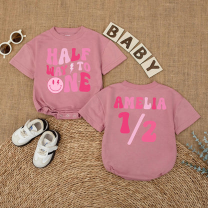 Personalized Pink Half Way to One Baby Girl Romper with Custom Name, Playful Smiley Face Lightning Bolt 6 Month Milestone Bubble Bodysuit