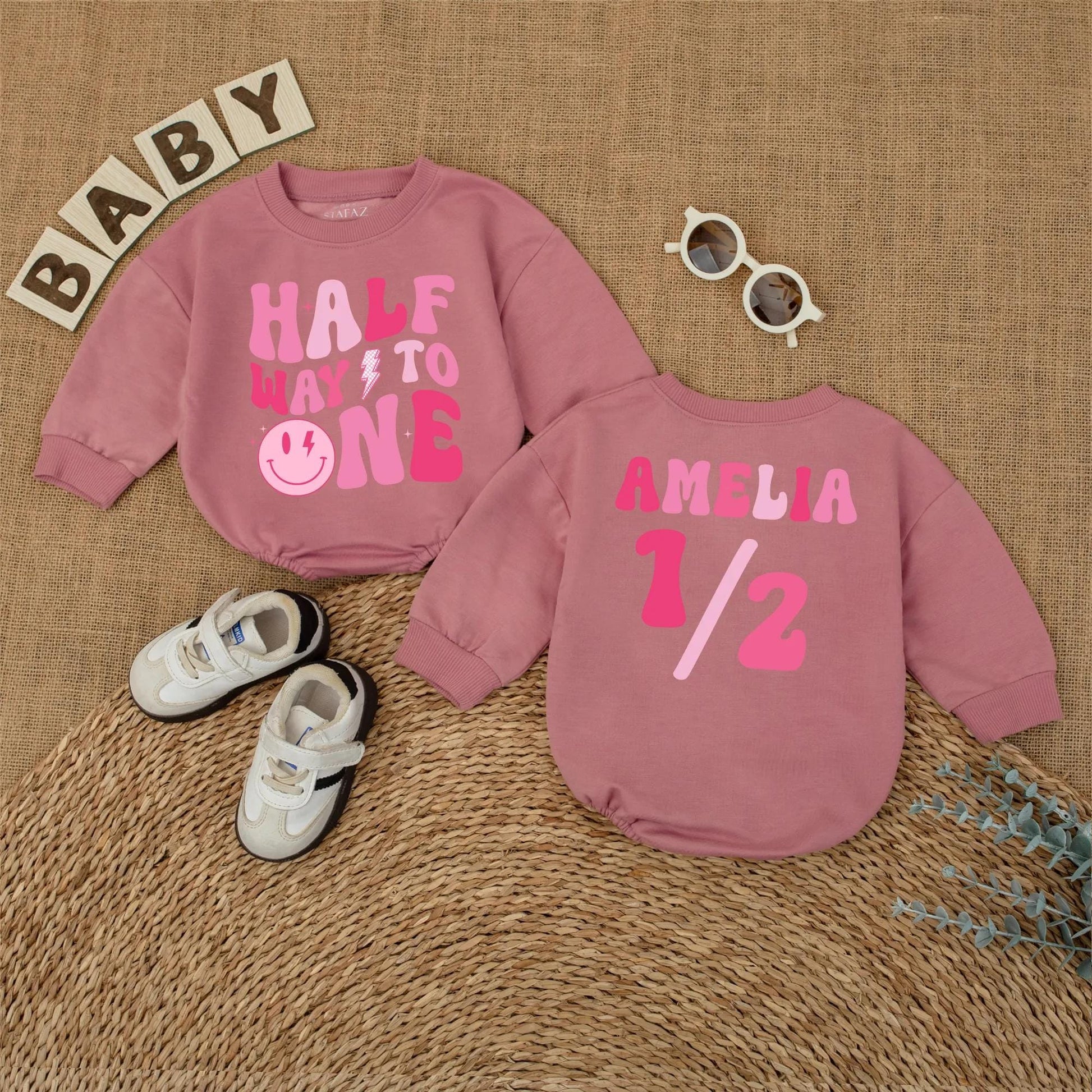 Personalized Pink Half Way to One Baby Girl Romper with Custom Name, Playful Smiley Face Lightning Bolt 6 Month Milestone Bubble Bodysuit