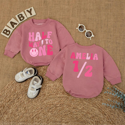 Personalized Pink Half Way to One Baby Girl Romper with Custom Name, Playful Smiley Face Lightning Bolt 6 Month Milestone Bubble Bodysuit