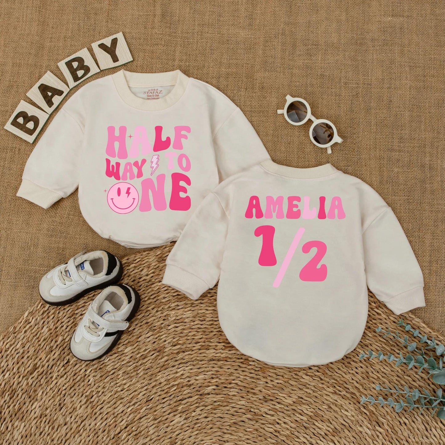 Personalized Pink Half Way to One Baby Girl Romper with Custom Name, Playful Smiley Face Lightning Bolt 6 Month Milestone Bubble Bodysuit
