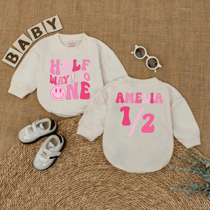 Personalized Pink Half Way to One Baby Girl Romper with Custom Name, Playful Smiley Face Lightning Bolt 6 Month Milestone Bubble Bodysuit
