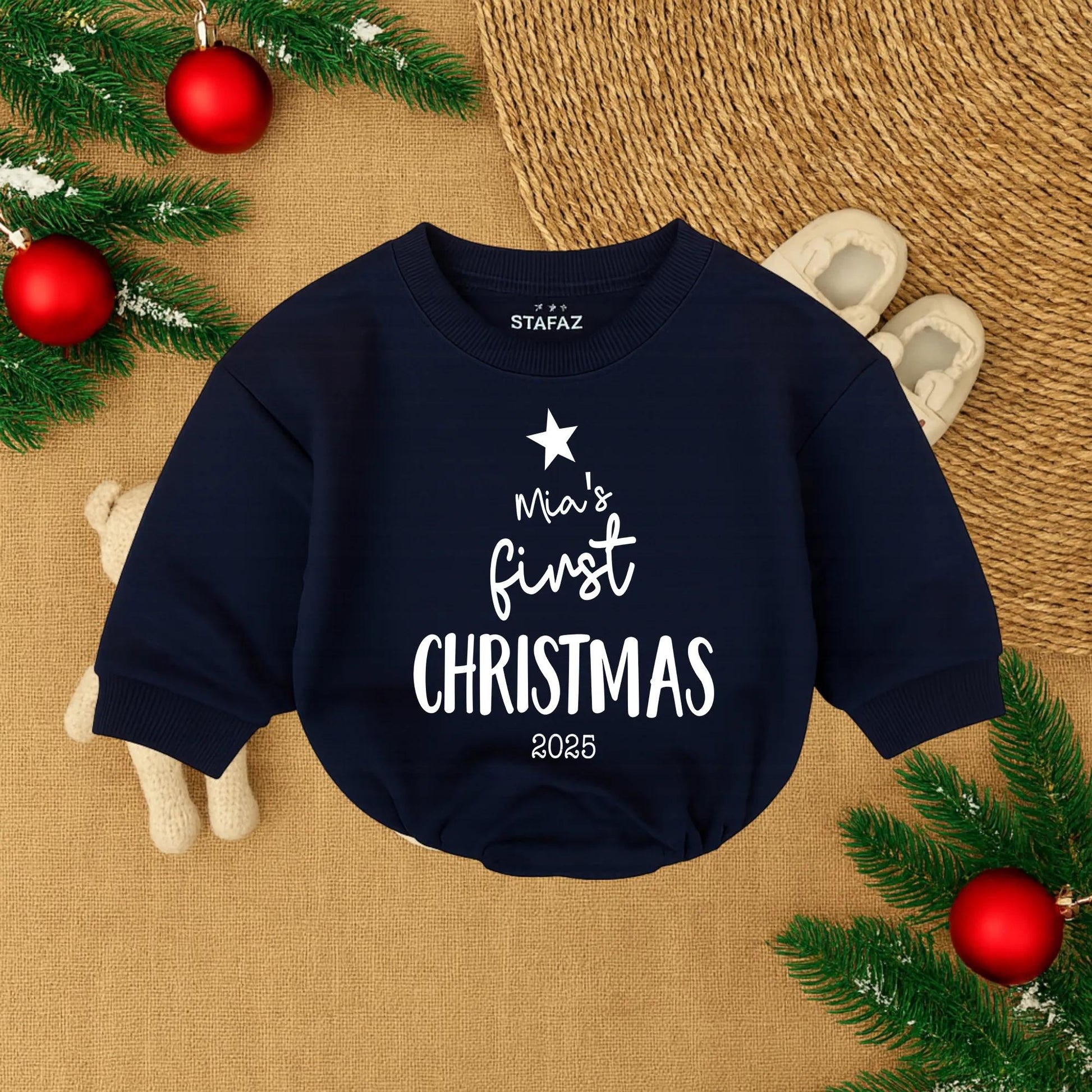 Mia's First Christmas 2025 Baby Girl Romper Sweatshirt Outfit, Sweet Red Star Infant Holiday Sweater New Baby Gift