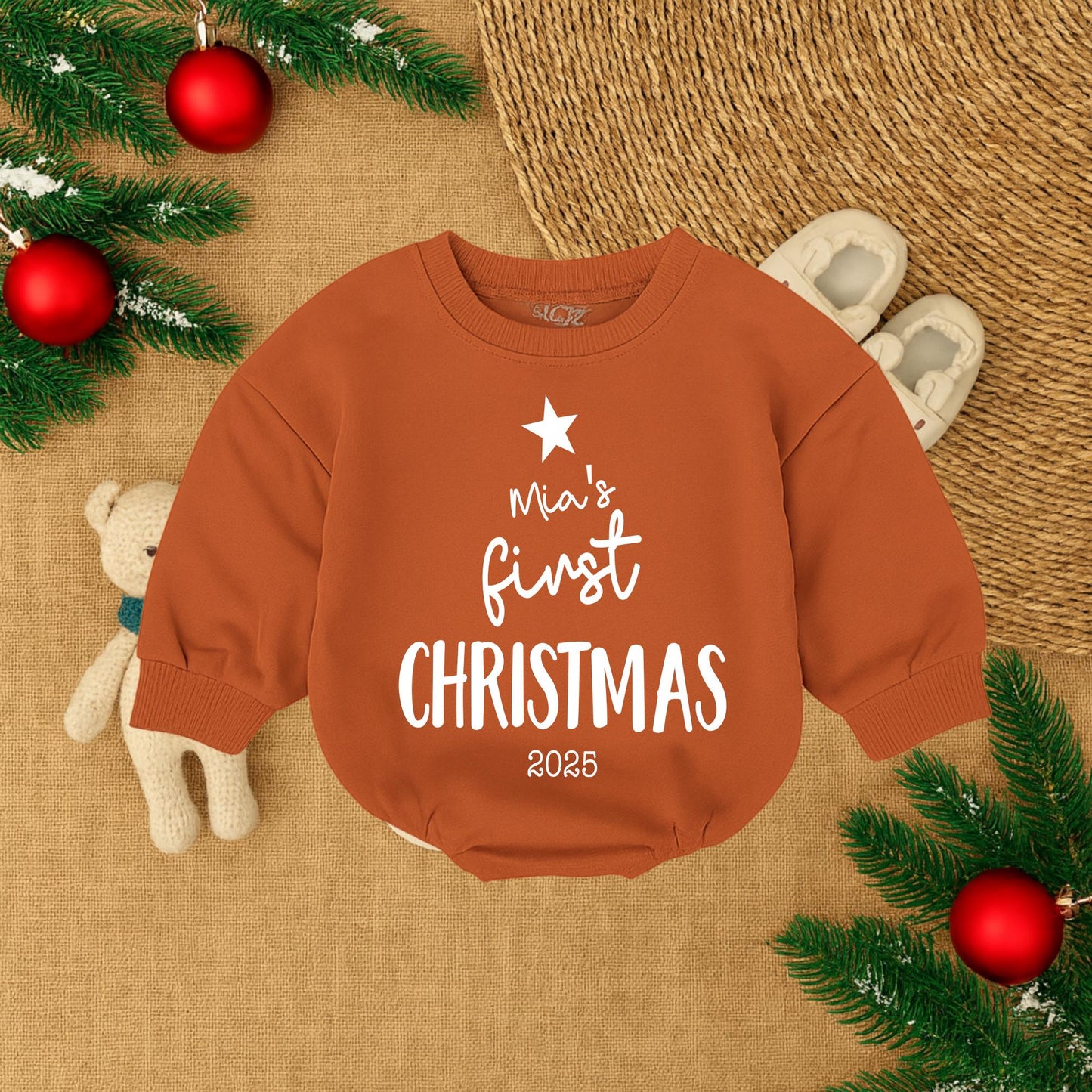 Mia's First Christmas 2025 Baby Girl Romper Sweatshirt Outfit, Sweet Red Star Infant Holiday Sweater New Baby Gift