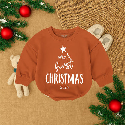 Mia's First Christmas 2025 Baby Girl Romper Sweatshirt Outfit, Sweet Red Star Infant Holiday Sweater New Baby Gift