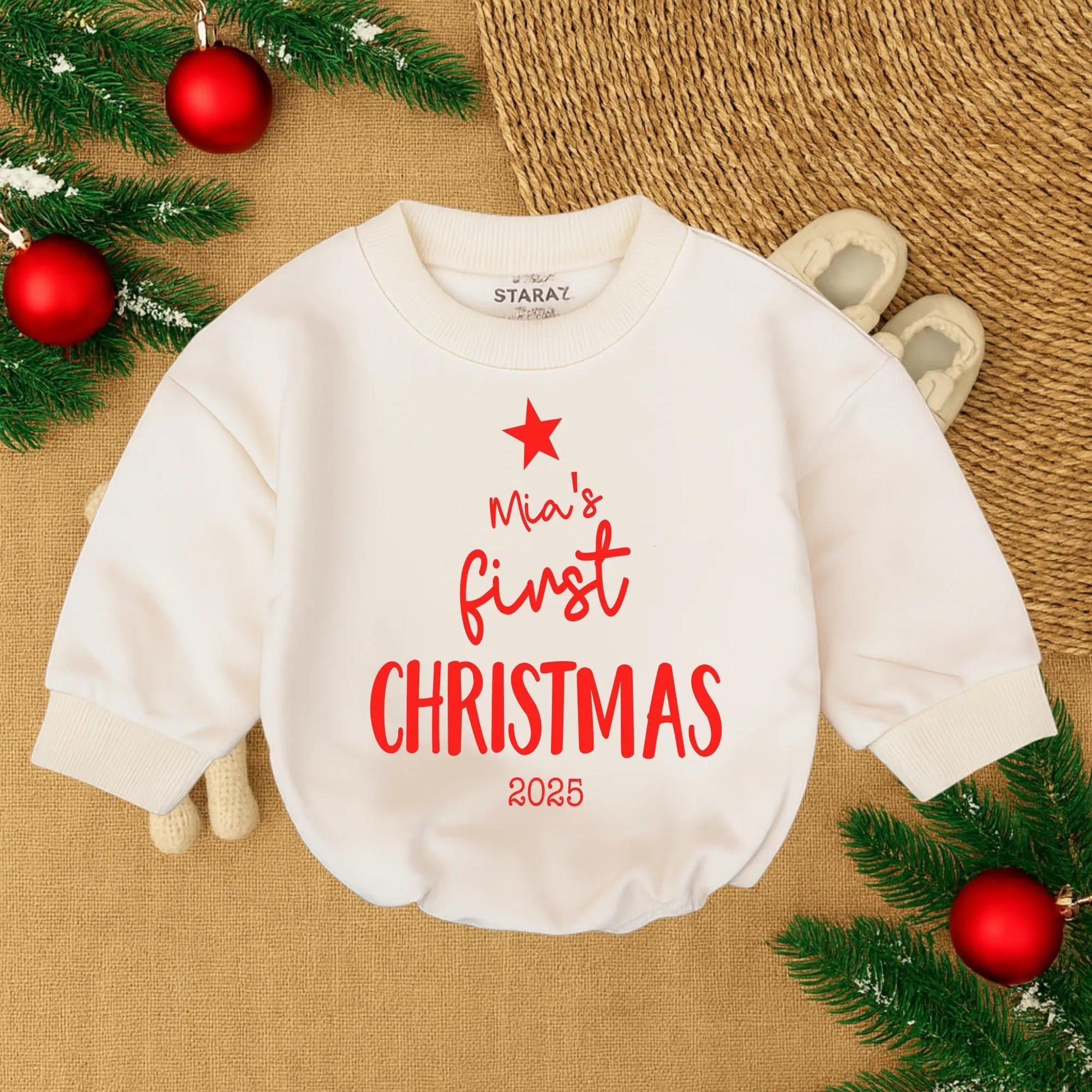 Mia's First Christmas 2025 Baby Girl Romper Sweatshirt Outfit, Sweet Red Star Infant Holiday Sweater New Baby Gift