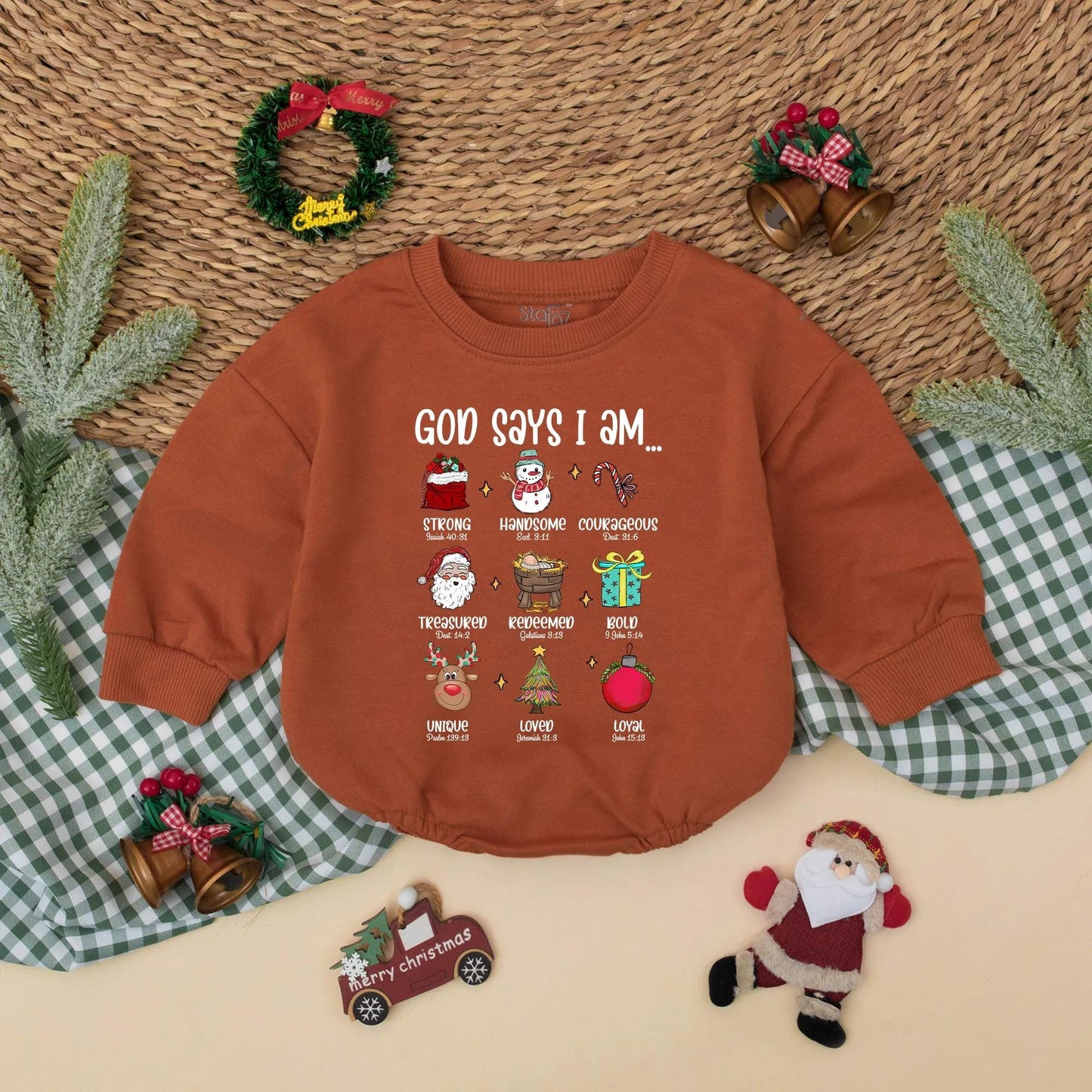God Says I Am Christmas Baby Romper Christian Bodysuit Festive Red Green Blue Design with Santa Reindeer Whimsical Bible Verse Baby Holiday Gift