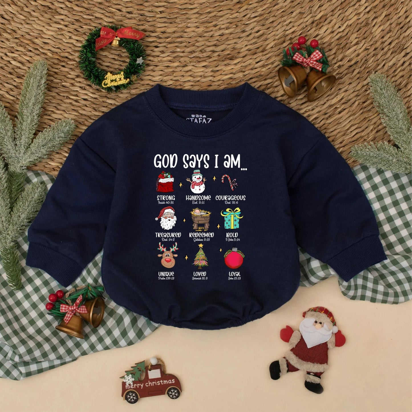 God Says I Am Christmas Baby Romper Christian Bodysuit Festive Red Green Blue Design with Santa Reindeer Whimsical Bible Verse Baby Holiday Gift