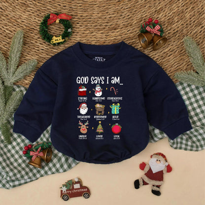 God Says I Am Christmas Baby Romper Christian Bodysuit Festive Red Green Blue Design with Santa Reindeer Whimsical Bible Verse Baby Holiday Gift