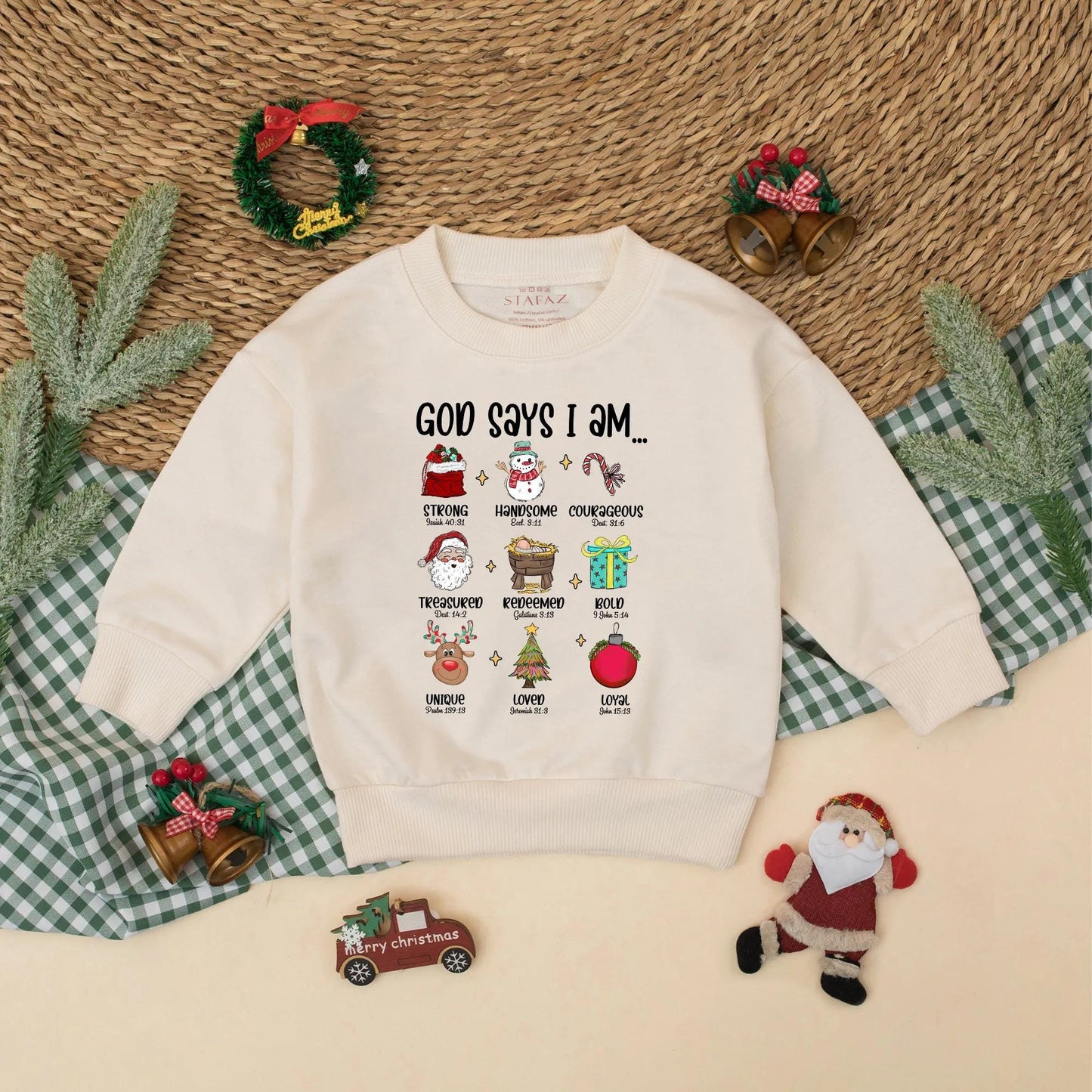 God Says I Am Christmas Baby Romper Christian Bodysuit Festive Red Green Blue Design with Santa Reindeer Whimsical Bible Verse Baby Holiday Gift