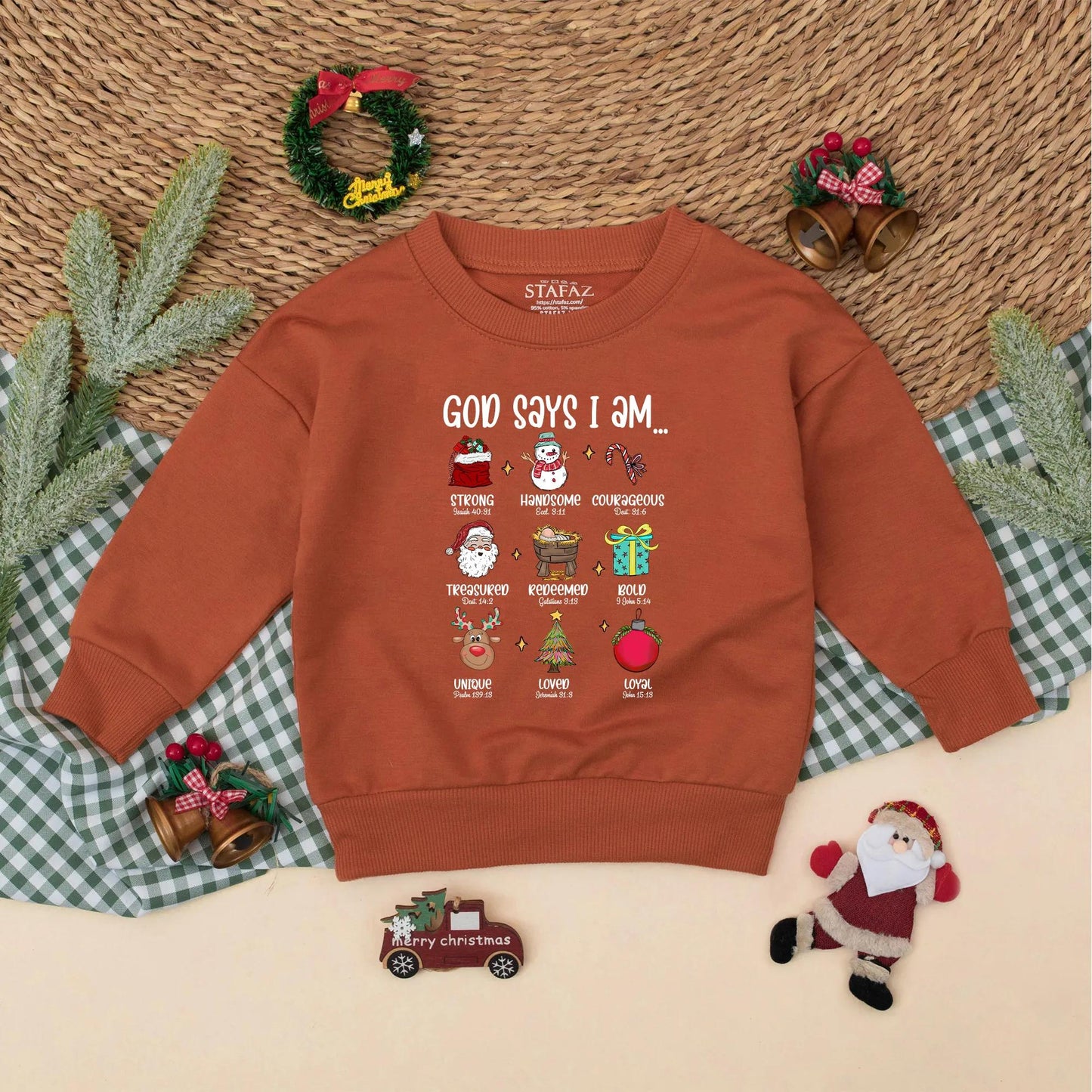 God Says I Am Christmas Baby Romper Christian Bodysuit Festive Red Green Blue Design with Santa Reindeer Whimsical Bible Verse Baby Holiday Gift