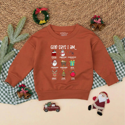 God Says I Am Christmas Baby Romper Christian Bodysuit Festive Red Green Blue Design with Santa Reindeer Whimsical Bible Verse Baby Holiday Gift