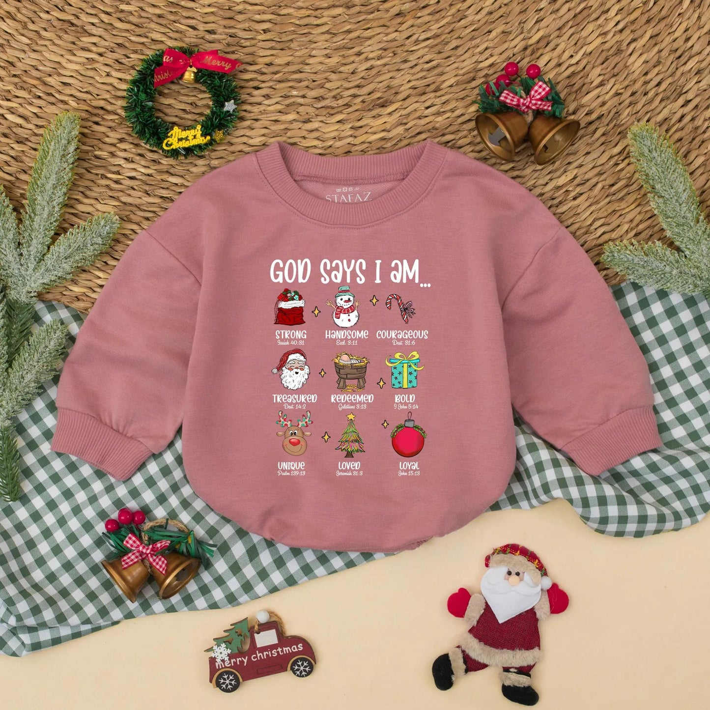 God Says I Am Christmas Baby Romper Christian Bodysuit Festive Red Green Blue Design with Santa Reindeer Whimsical Bible Verse Baby Holiday Gift