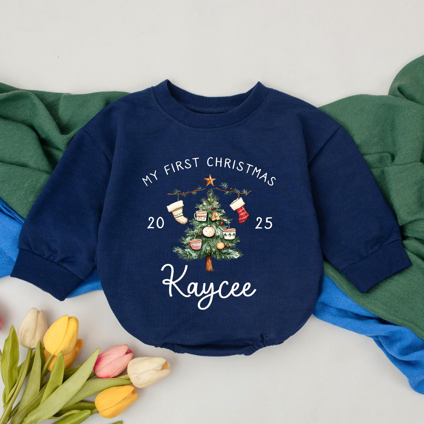 Personalized My First Christmas Romper, Custom Kaycee Name 2025 Bodysuit, Baby Xmas Outfit, Winter Clothes, Baby Shower Gift, Tree & Ornaments Design (139)