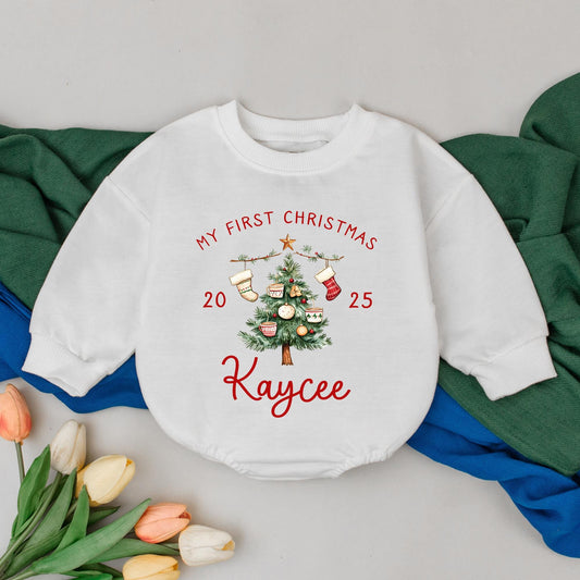Personalized My First Christmas Romper, Custom Kaycee Name 2025 Bodysuit, Baby Xmas Outfit, Winter Clothes, Baby Shower Gift, Tree & Ornaments Design (139)