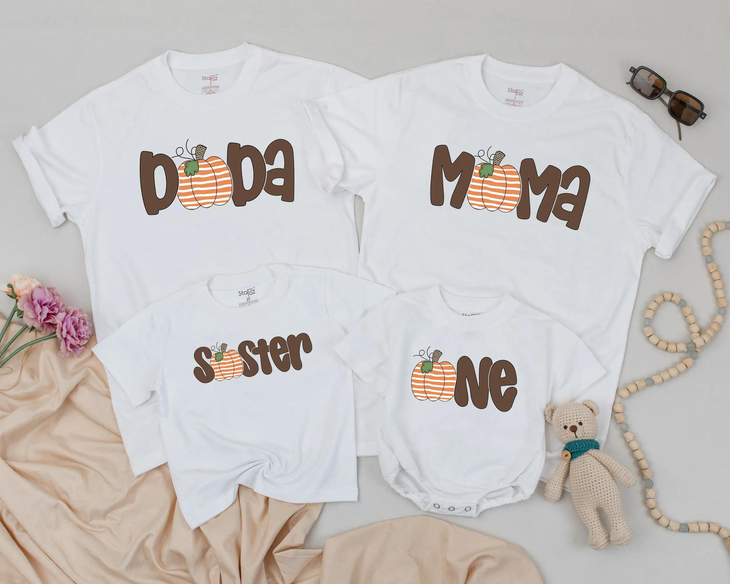 Matching Family Pumpkin Patch Shirts: Papa, Mama, Sister & One, Cute Fall Thanksgiving Outfit, First Birthday Party, Retro Brown Font, Orange & White Pumpkins (139 chars)