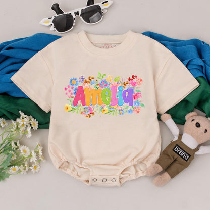 Personalized Amelia Wildflower Romper, First Birthday Outfit, Wild One Flower Bodysuit, Custom Baby Clothes, Whimsical Girl Gift 139