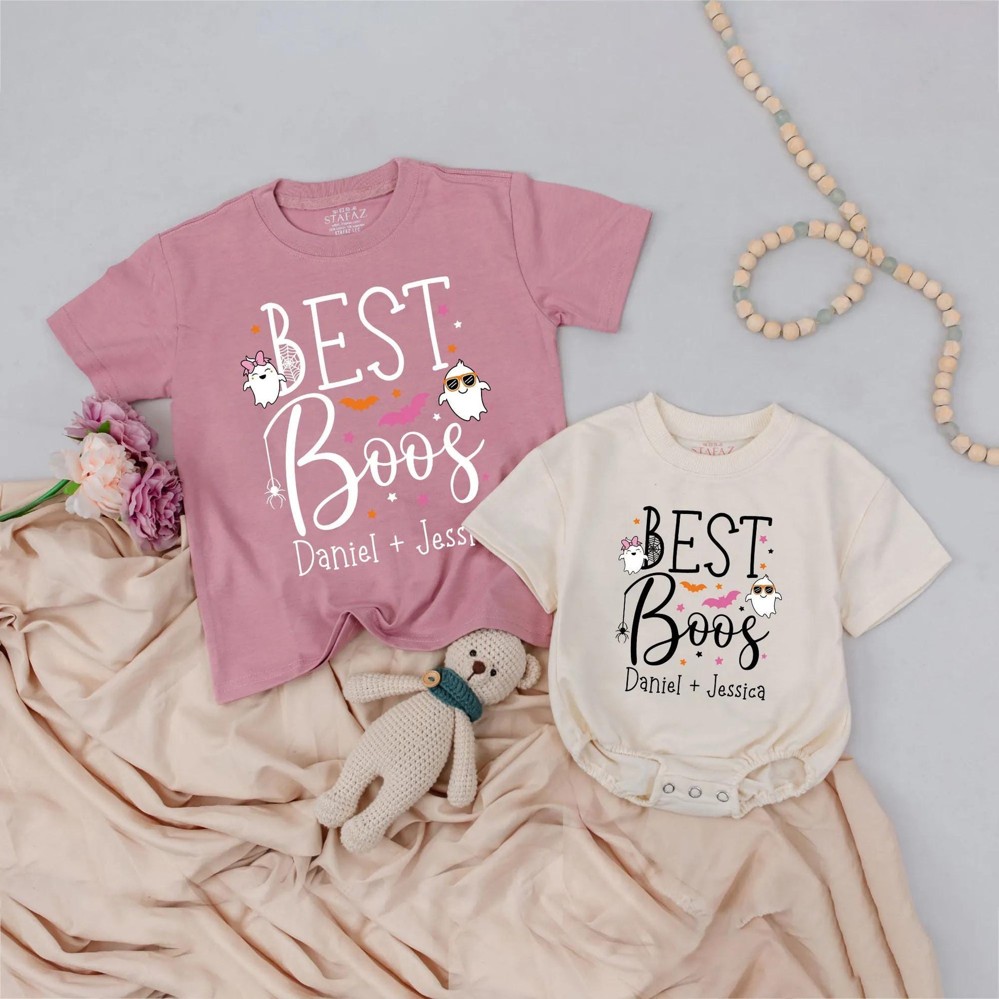 Custom Name BEST Boos Matching Halloween Shirts for Siblings Toddlers Cute Spooky Season Brother Sister Outfits Fun Ghost Spider Bat Graphics Festive Gift