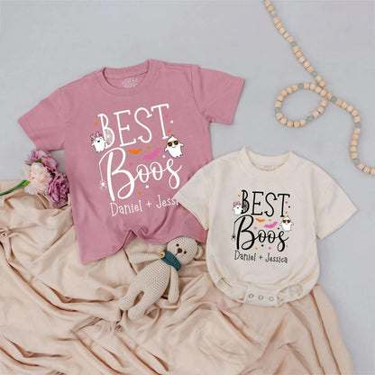 Custom Name BEST Boos Matching Halloween Shirts for Siblings Toddlers Cute Spooky Season Brother Sister Outfits Fun Ghost Spider Bat Graphics Festive Gift