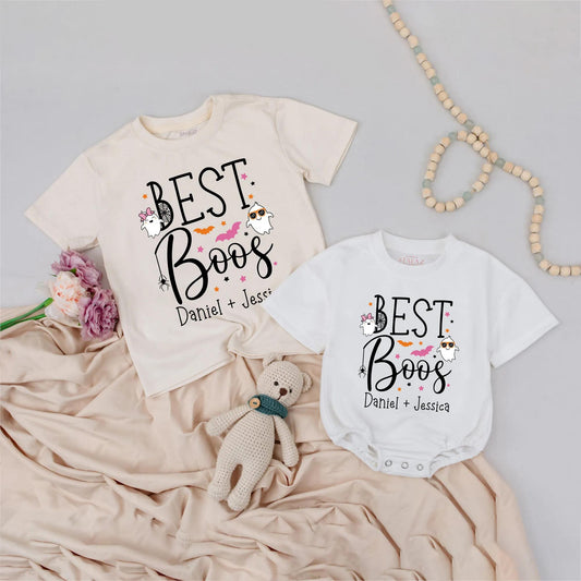 Custom Name BEST Boos Matching Halloween Shirts for Siblings Toddlers Cute Spooky Season Brother Sister Outfits Fun Ghost Spider Bat Graphics Festive Gift