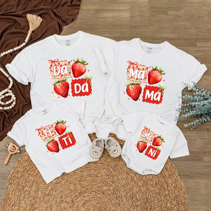 Cute Strawberry Dada Mama Matching Family T-Shirts Mimi Bubble Romper New Parents Gift Mother Father Day Playful Floral Bow Design