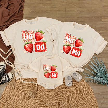 Cute Strawberry Dada Mama Matching Family T-Shirts Mimi Bubble Romper New Parents Gift Mother Father Day Playful Floral Bow Design