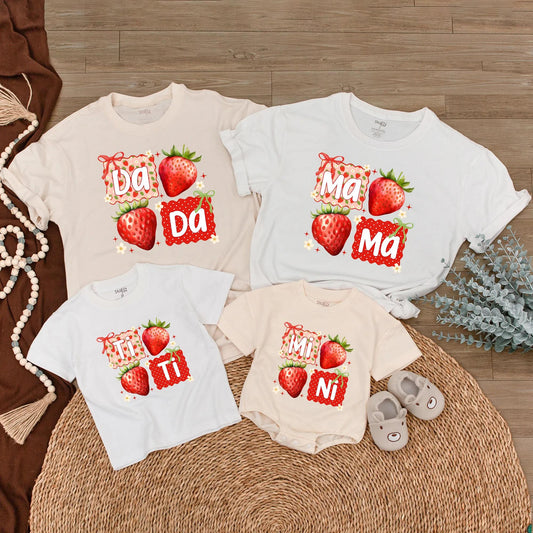 Cute Strawberry Dada Mama Matching Family T-Shirts Mimi Bubble Romper New Parents Gift Mother Father Day Playful Floral Bow Design