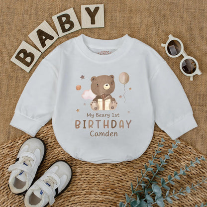 Custom Beary 1st Birthday Romper for Baby Camden with Gold Gift Box and Pink Cloud Design Whimsical Smash Cake Outfit Neutral Boy Girl Gift