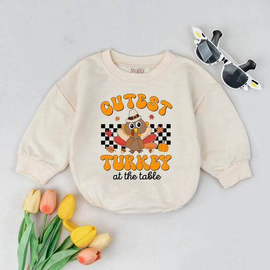 Cutest Turkey Thanksgiving Romper: Retro Pilgrim Hat Bodysuit for Fall Baby, Newborn Outfit with Pumpkins & Leaves - Turkey Day First Thanksgiving (140 chars)