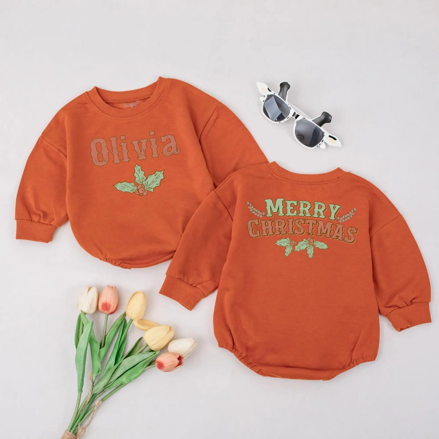 Personalized Retro Christmas Romper, Olivia or Merry Christmas Bodysuit, Custom Vintage Style Holiday Outfit, Baby's First Xmas Gift Set, Soft Cotton (139 chars)