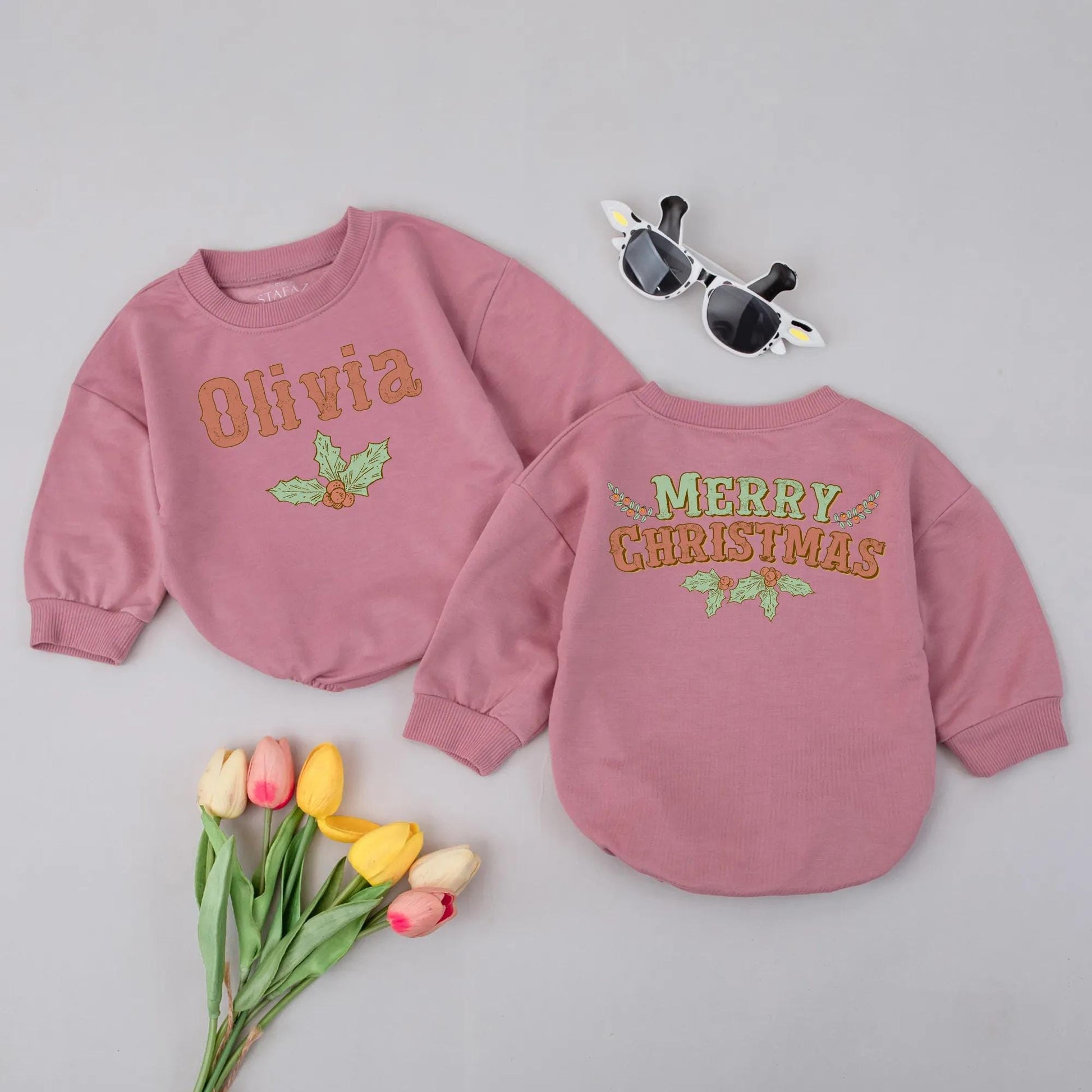 Personalized Retro Christmas Romper, Olivia or Merry Christmas Bodysuit, Custom Vintage Style Holiday Outfit, Baby's First Xmas Gift Set, Soft Cotton (139 chars)
